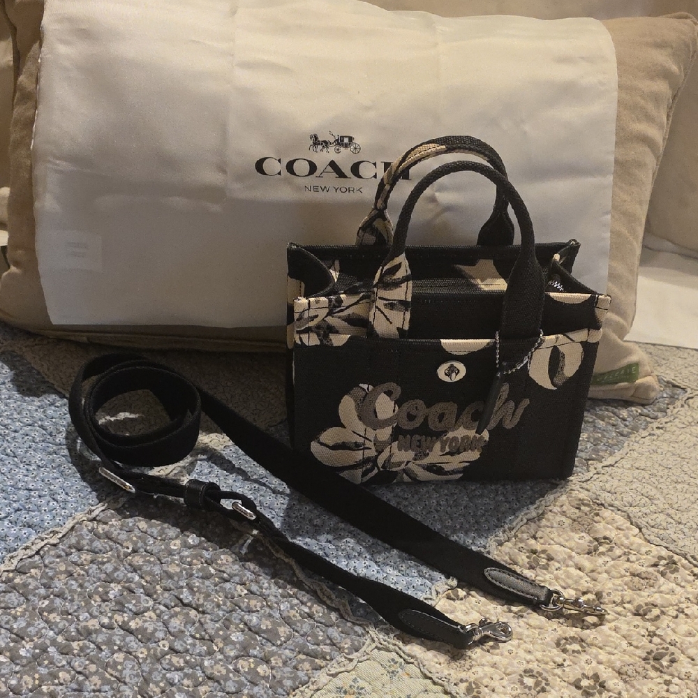 Coach Black Mini Tote with Cream Floral Bow Print